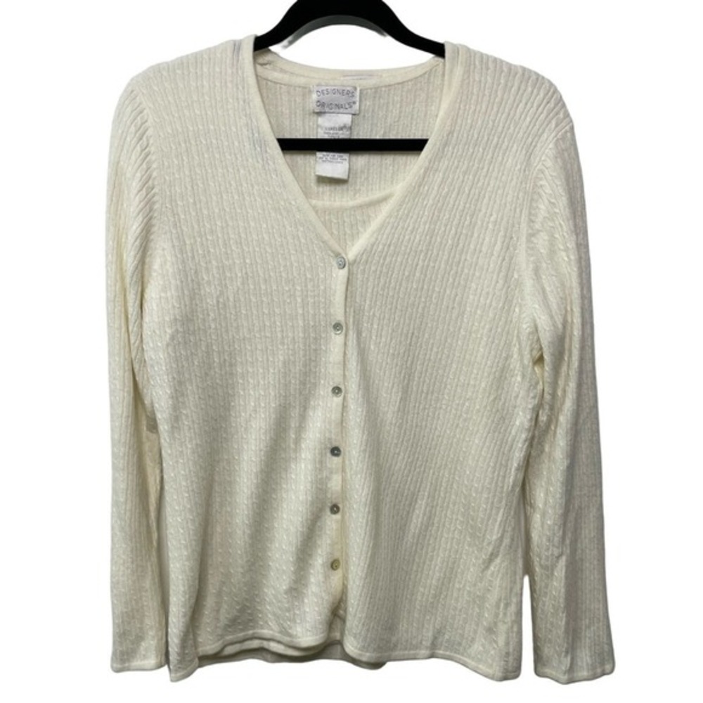 Vtg Y2K 2 Piece Cardigan Sweater Set Sleeve Cream Knit Fisherman Cottage Twee L